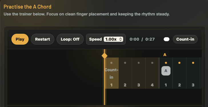 Guided A chord trainer with playback and count-in controls